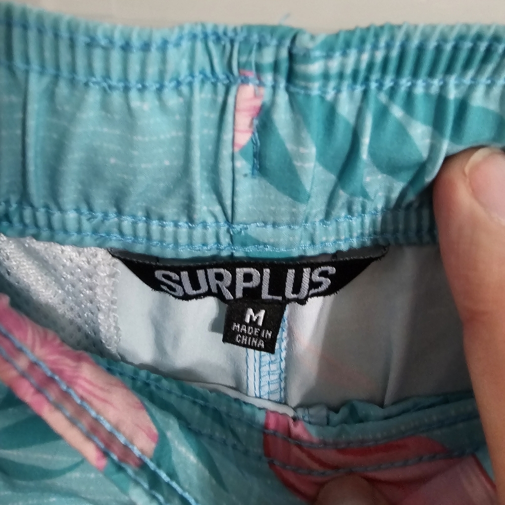 Surplus Swim Trunks Men Medium Blue Pink Flamingo Floral 10” Inseam Tropical Y2K - Picture 4 of 6